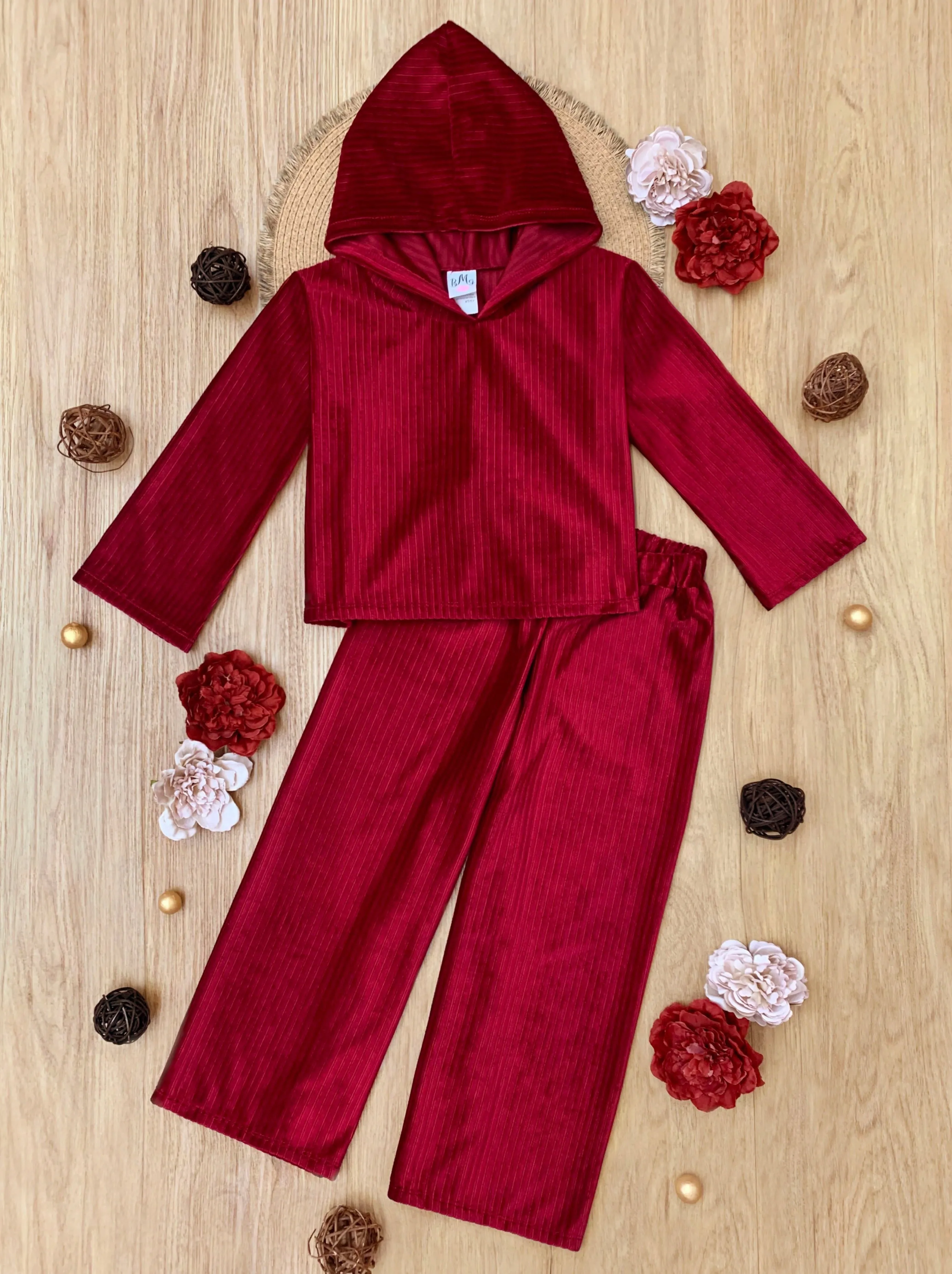 Mommy and Me Cozy Luxe Red Velvet Hooded Pant Set