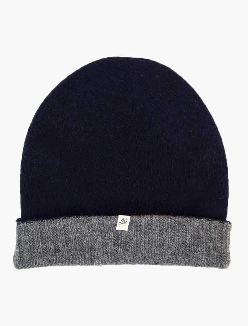 Navy & Grey Reversible Wool & Cashmere Beanie