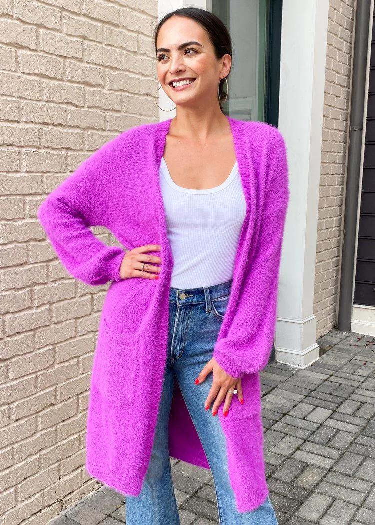 Nicola Longline Fuzzy Cardigan-Magenta