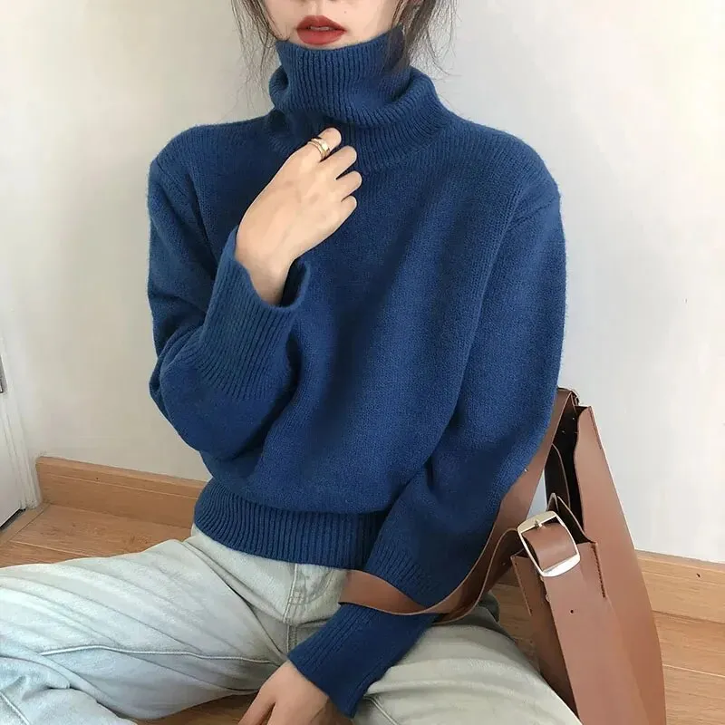 Nukty Autumn Warm Turtle Neck Sweater Women Fashion Korean Solid Knitted Basic Pullovers Loose O Neck Long Sleeve Female Jumper