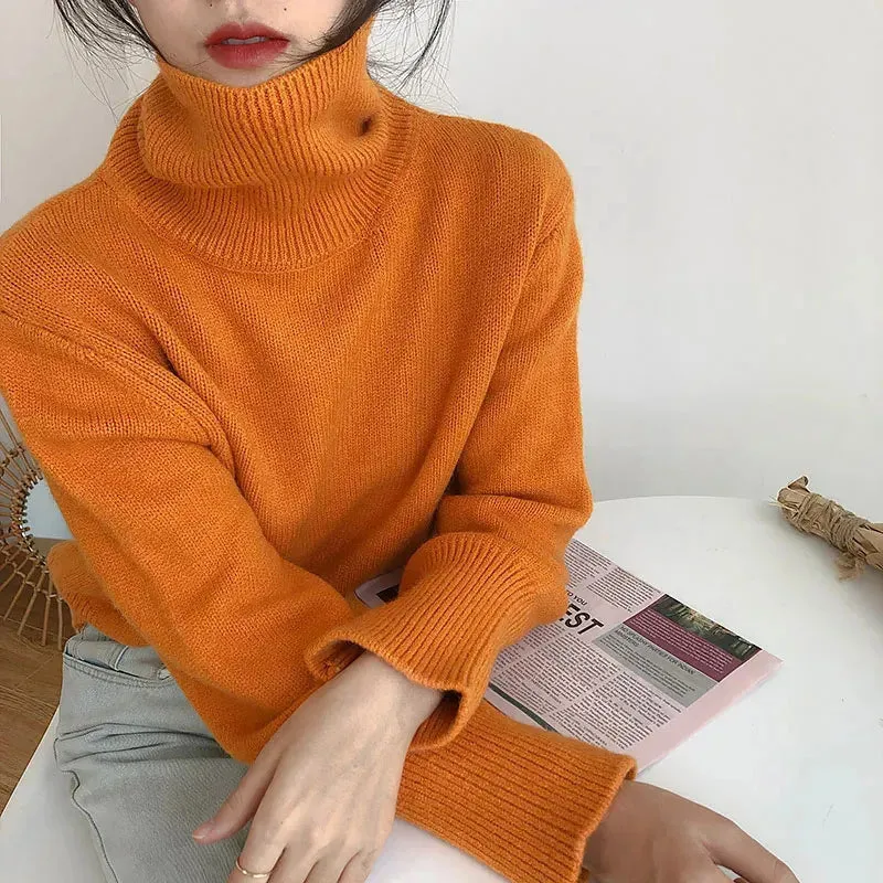 Nukty Autumn Warm Turtle Neck Sweater Women Fashion Korean Solid Knitted Basic Pullovers Loose O Neck Long Sleeve Female Jumper