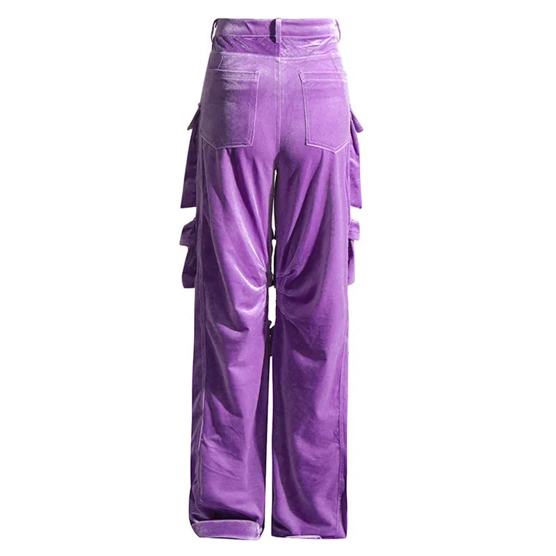 Offbeat Low Waist Multiple Pocket Wide Leg Polished Velvet Cargo Pants