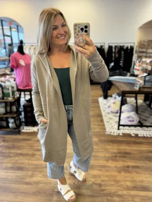 Open Front Longline Cardigan with Hoodie - Taupe