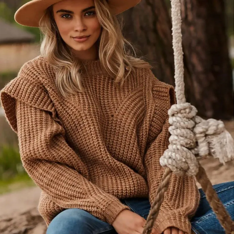 Oversized Chunky Ribbed Knit Flutter Long Sleeve Pullover Sweater