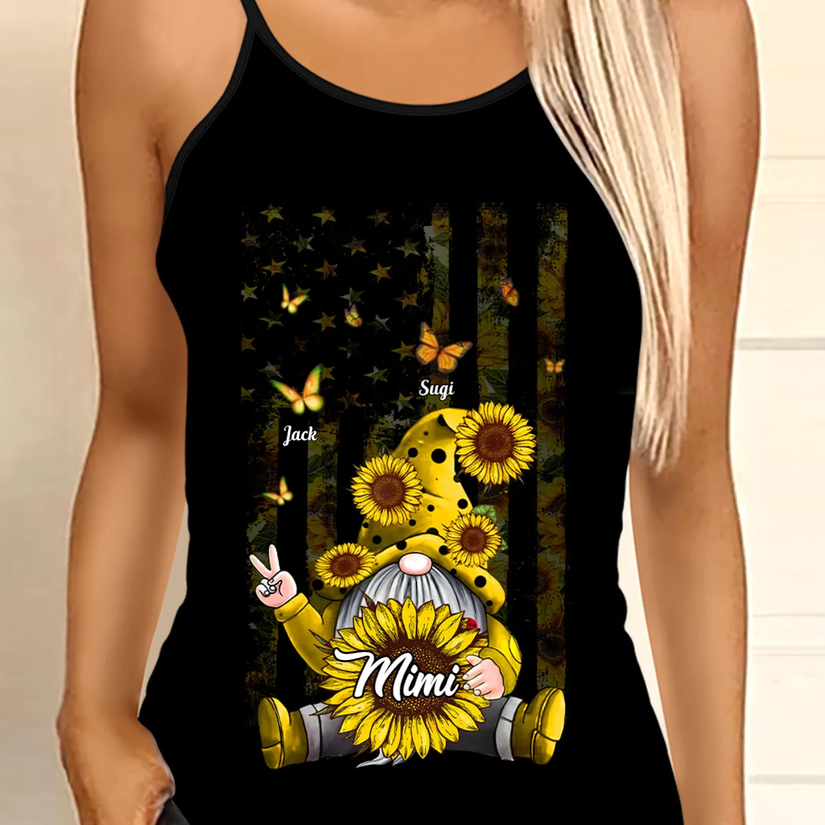 Personalized Nana, Grandma Gnome Sunflower Butterflies US Flag Cross Tank Top