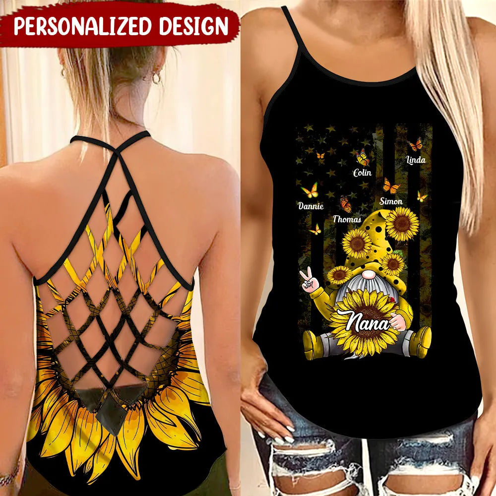 Personalized Nana, Grandma Gnome Sunflower Butterflies US Flag Cross Tank Top