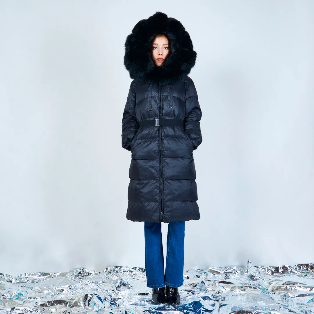 Puffer duck down coat with fur-trimmed hood wholesale