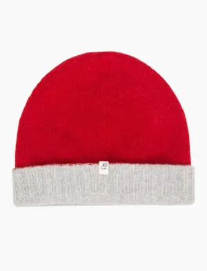 Red & Light Grey Reversible Fitted Wool & Cashmere Beanie