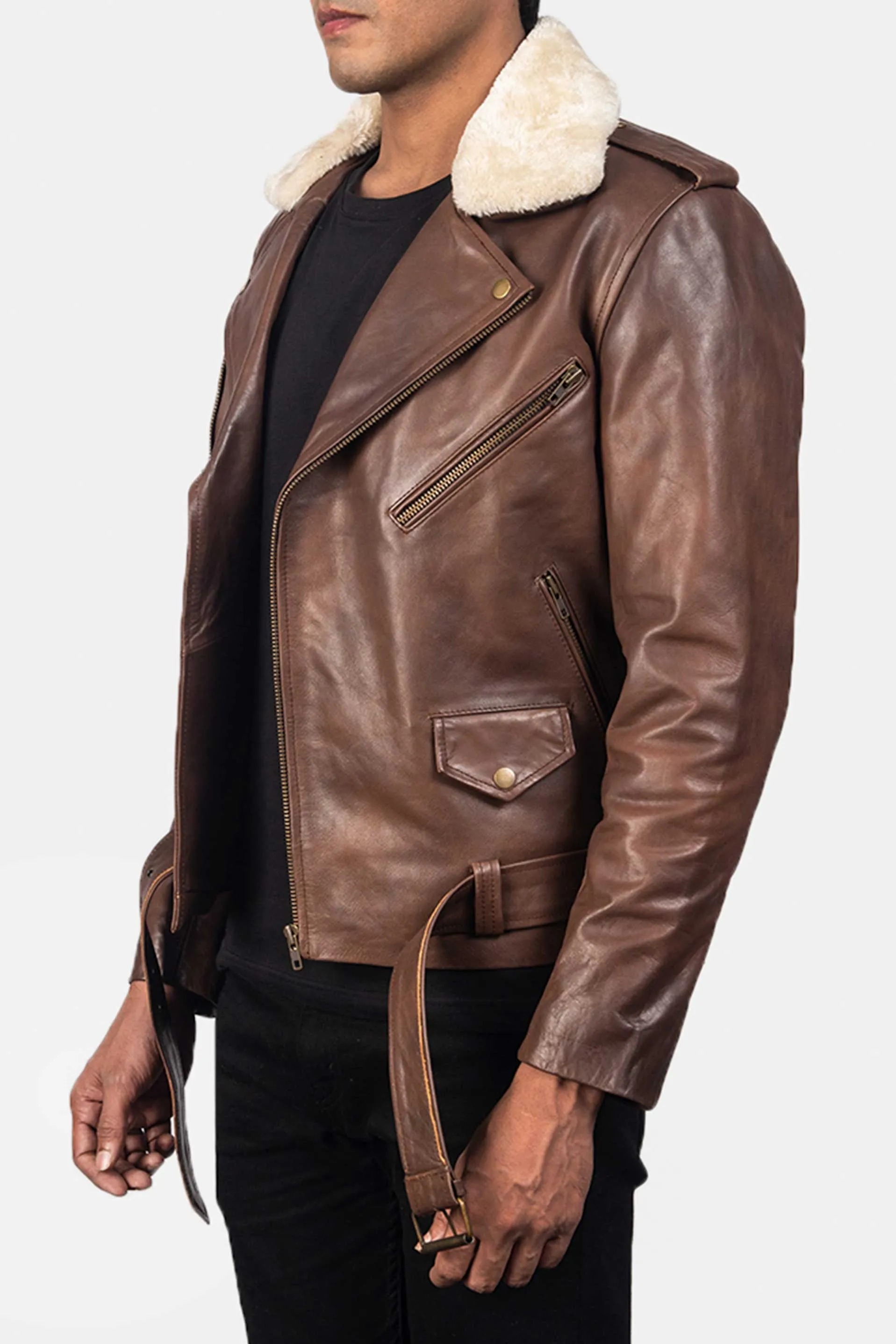 Urban Rider | Men's Brown Fur Collar Leather Biker Jacket