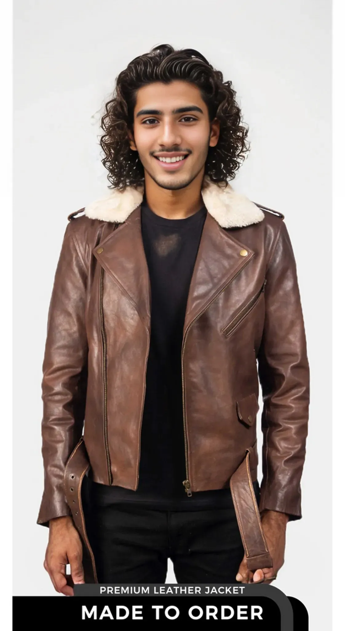 Urban Rider | Men's Brown Fur Collar Leather Biker Jacket