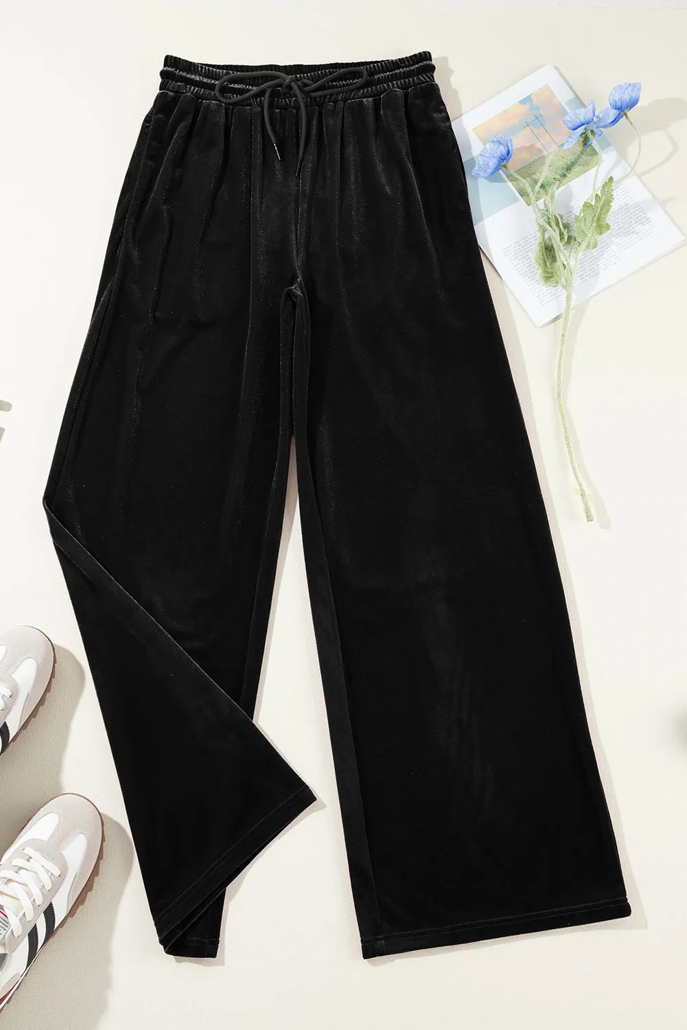 Velvet Solid Drawstring Wide Leg Pants