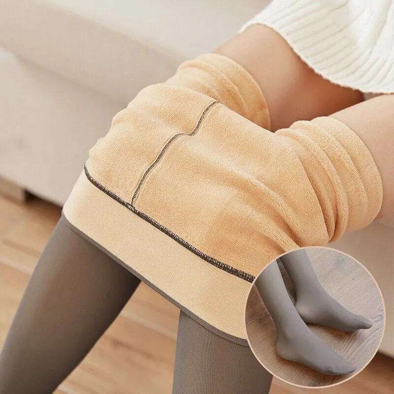 Women Fleece Lined Tights Leggings Thermal Fake Translucent Pantyhose High Waist