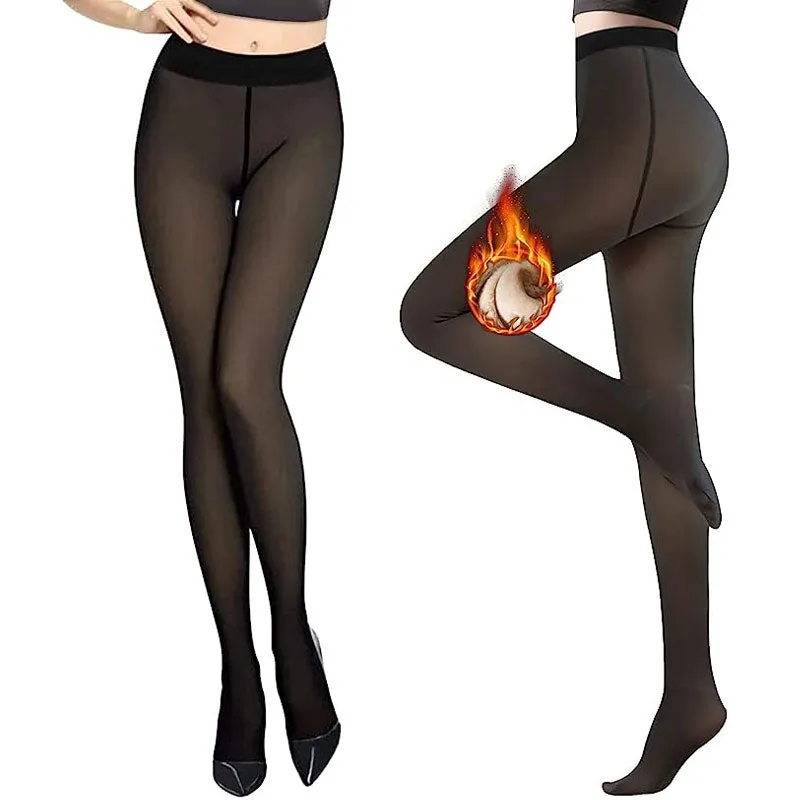 Women Fleece Lined Tights Leggings Thermal Fake Translucent Pantyhose High Waist